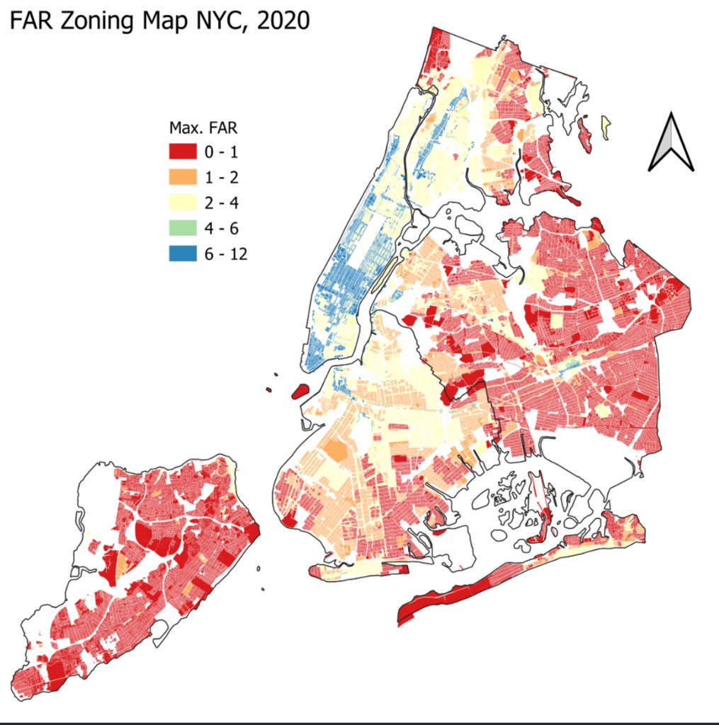 FAR Zoning Map NYC 2020. Max floor area ratio across the five boroughs, red low to blue high.