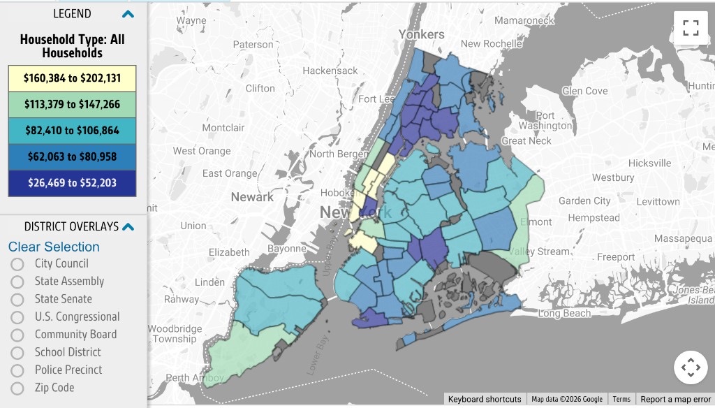Household income choropleth across NYC districts. Bronx runs darker, lower income.